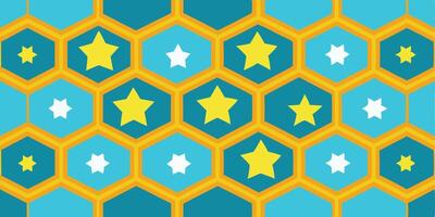 Geometric pattern, hexagonal grid, yellow outlines, teal background, star shapes, white stars, yellow stars, repeating pattern, symmetrical design vector