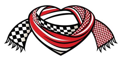 Heart-shaped scarf, red and white patterns, checkered design, gingham print, chevron stripes, racing flag motif, fringed ends vector