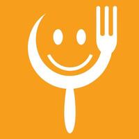 Minimalist logo design, smiling face, fork shape, crescent moon, white on orange background, simple graphic vector