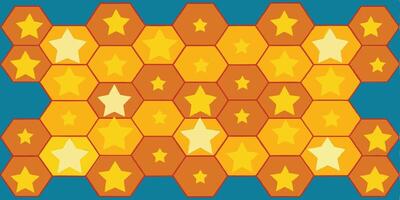 Hexagonal honeycomb pattern, golden yellow and orange tiles, star shapes, retro geometric design, teal background vector