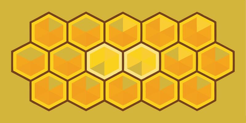 Honeycomb pattern, geometric hexagons, golden yellow tones, amber hues, stylized beehive structure, minimalist design