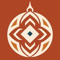 Geometric ornament, symmetrical design, abstract floral shape, circular emblem, terracotta background, ivory and rust colors, Art Deco influence vector