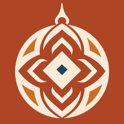 Geometric ornament, symmetrical design, abstract floral shape, circular emblem, terracotta background, ivory and rust colors, Art Deco influence