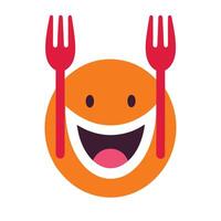 Minimalist food logo, smiling orange circle face, red forks as ears, cute expression, simple geometric shapes vector