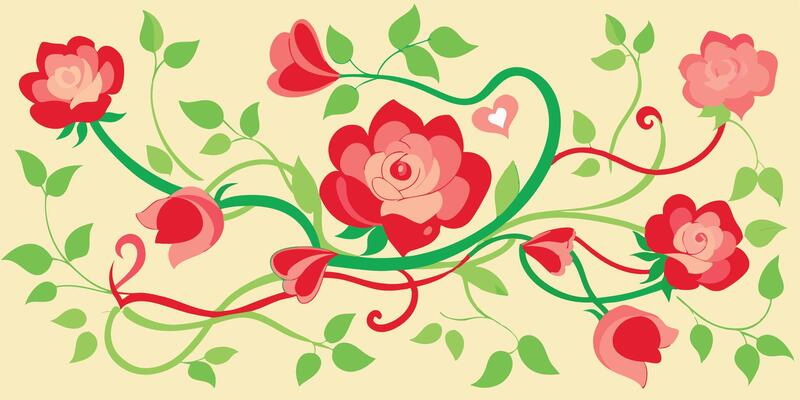 Floral illustration, stylized red roses, curving green stems, decorative pattern, 2D design, vintage wallpaper style, pink and red blooms, heart-shaped detail