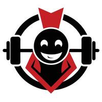 Logo design, smiling face, weightlifting, barbell, red and black color scheme, geometric shapes vector