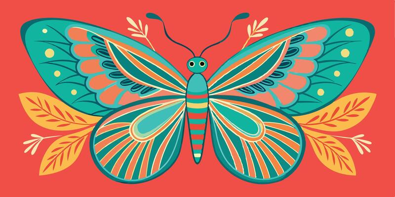 Stylized butterfly illustration, vibrant teal and coral color scheme, symmetrical wing patterns, decorative leaf motifs, flat design, folk art inspired, intricate wing details