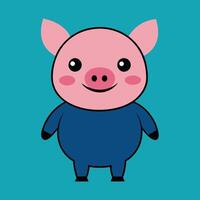 Cute cartoon pig, minimalist design, pink face, blue body, big round eyes, smiling expression, pointy ears, teal background vector
