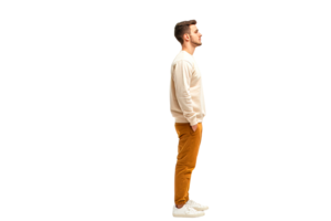 Man standing in profile wearing casual attire in bright setting png
