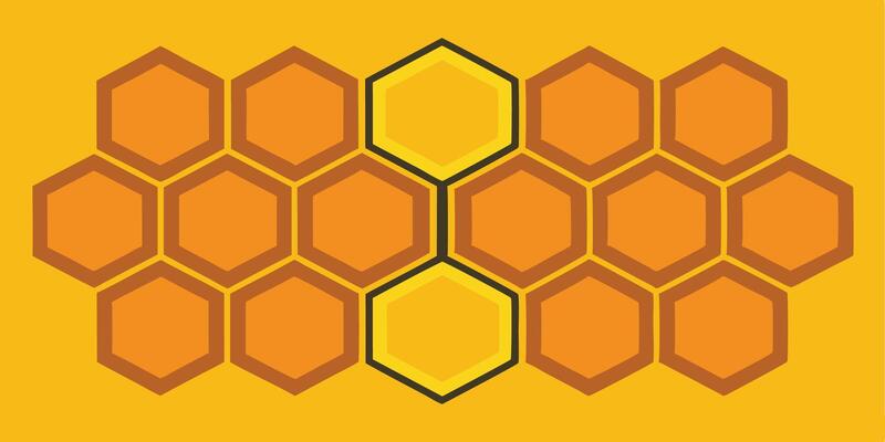 Geometric honeycomb pattern, hexagonal shapes, orange and yellow colors, minimalist design, flat illustration, bold outlines