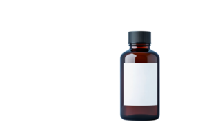 Brown glass bottle with white label on transparent background png