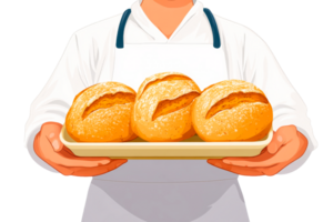 Freshly baked bread rolls served on a tray by a baker png