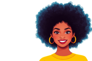 Beautiful woman with curly hair smiling in a yellow sweater png