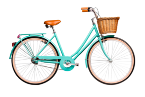 Classic turquoise bicycle with basket on a transparent background png