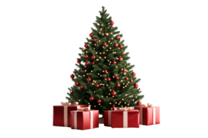 Christmas tree with red ornaments and gifts under the branches png