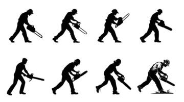 Chainsaw Worker Silhouettes Set Tree Cutting and Logging Actions for Industrial Use made by adobe illustrator vector