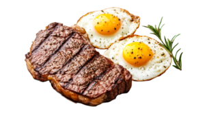 Delicious grilled steak with sunny side up eggs on a plate png