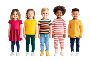 Brightly dressed children standing in a line with playful expressions png