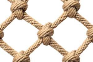 Detailed view of knotted rope net with transparent background png