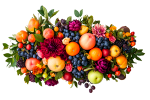 A vibrant display of assorted fruits and flowers arranged beautifully png