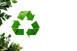 Recycle symbol surrounded by green leaves on transparent background png
