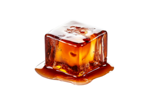 Ice cube made of dark syrup melting on a transparent surface png
