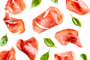 Cured meat and fresh basil leaves on a transparent background png