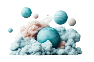 Colorful planets orbiting amidst fluffy clouds in space png