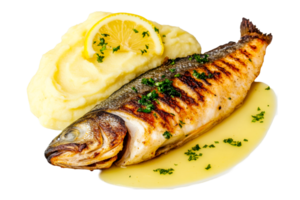 Grilled fish filet with mashed potatoes and lemon garnish png