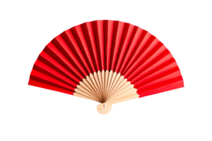 Elegant red folding fan with wooden handle on transparent background png