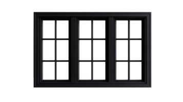 Black frame window with multiple panes, cut out transparent png