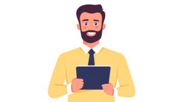 Man with tablet, smiling, professional, holding device, cut out transparent png