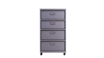 Modern four drawer filing cabinet on wheels in gray color png