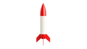 Red and white toy rocket standing upright against black background, cut out transparent png