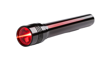 Sleek black flashlight emits a vibrant red beam, darkness fighter, cut out transparent png