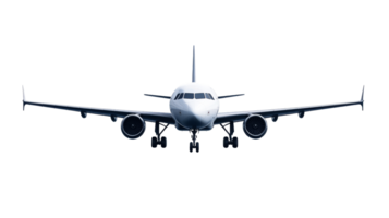 Modern airliner front view on approach, cut out transparent png