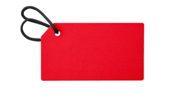 Red price tag with rope loop, textured paper surface, cut out transparent png