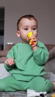 Cute baby sitting on the floor playing with toys. Toddler chews the toy, then drops it and climbs up to camera. Vertical video
