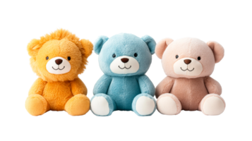 Three plush animals in a row against black background, cut out transparent png