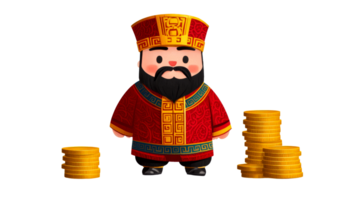 Cartoon figure with stacks of coins on a black background, cut out transparent png