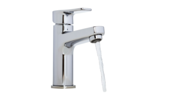 Shiny faucet flowing water stream on dark background, cut out transparent png