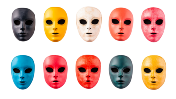 Row of assorted colorful masquerade masks, arranged against black, cut out transparent png
