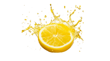 Lemon slice splashes juicy, fresh burst, refreshing fruit, cut out transparent png
