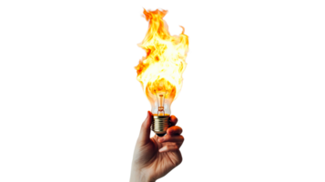 Hand holding lightbulb engulfed in flames, cut out transparent png