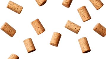 Wine corks floating against dark background, brown cylindrical objects, cut out transparent png