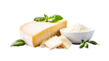 Wedge of Parmesan cheese with basil, cut out transparent png