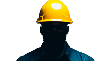 Dark silhouette of engineer in hard hat and protective glasses, cut out transparent png