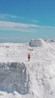 Sporty man in white canyon. Back view of a shirtless sportsman walking on natural mountain background. Aerial view. Vertical video