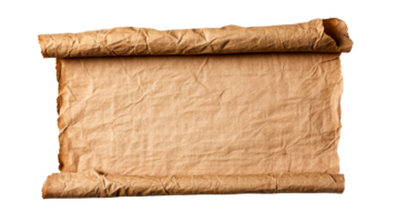 Ancient paper scroll unfolded, brown parchment, message ,cut out transparent png