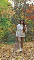 Romantic relaxed lady walking by the autumn forest with phone in one hand and bag in another. Brunette spending time outdoors in beautiful park. Vertical video